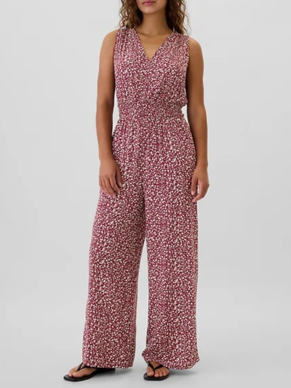 GAP Burgundy Floral Smocked Wide-Leg V-Neck Jumpsuit Sz L